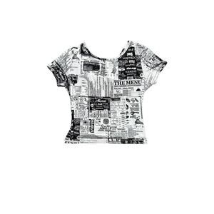 Open back Newspaper print Y2K unique shirt for woman